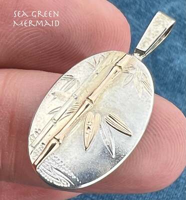 14k Gold + Silber Bambus Szene Anhänger. Japanische Kunst