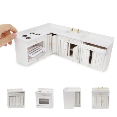 White Wooden 1:12 Dollhouse Kitchen Cabinet Set - 4PC Mini House Furnishings