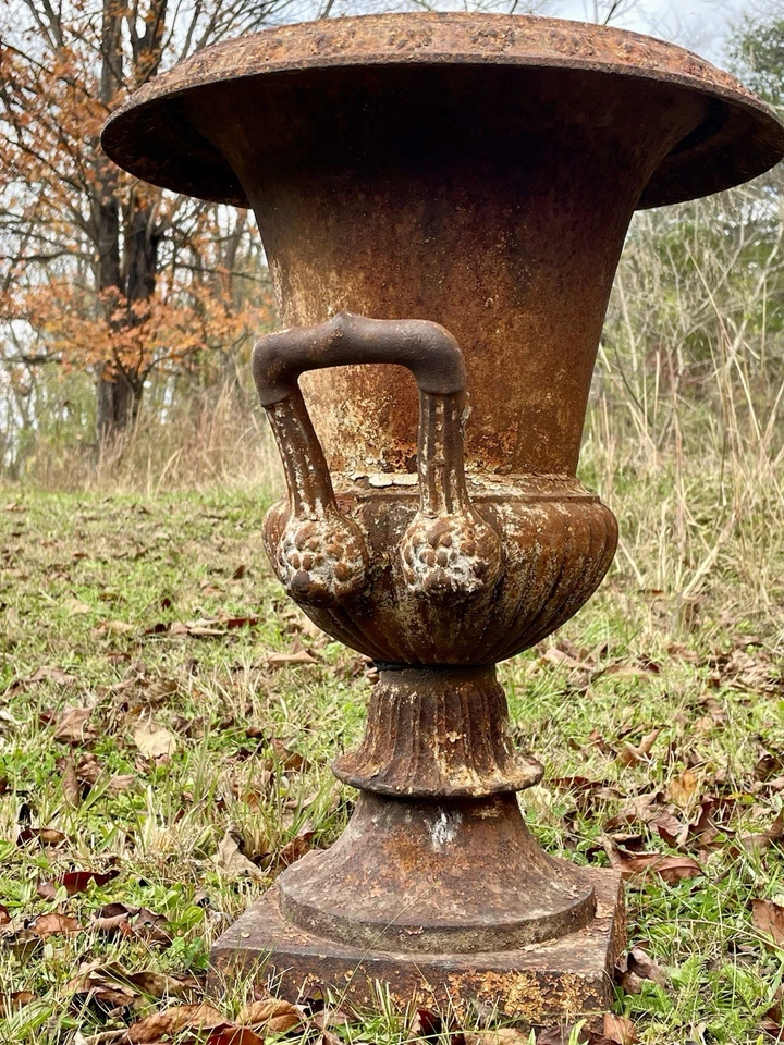 Antique Late 1800s Cast Iron Garden Urn Planter, Lion Handles, 23” By 18”. - Image 4 of 4