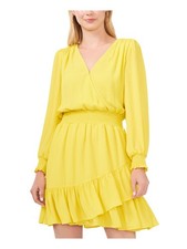 VINCE CAMUTO Womens Yellow Snap Button Front Lined Pouf Sleeve Dress S