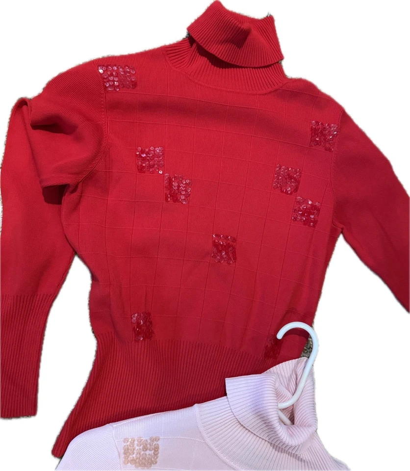 2 VENINI Pink & Red Sequence  Long Sleeve  Sweaters Petite Sml Turtle Neck - Image 3 of 4