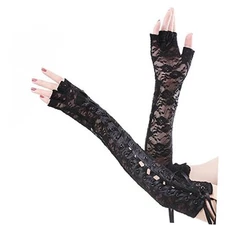  Womens Sexy Elbow Length Punk Fingerless Lace Up Arm Warmer Lace Gloves, 