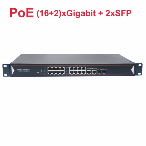 16Port PoE Gigabit Switch w/Up-link and SFP, For IP Camera Wireless AP, 1U Rack - Afbeelding 1 van 7