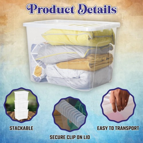 80 Litres Clear Plastic Storage Box with Lid Multiuse Containers Set of 1-3-6-10 - Picture 50 of 64