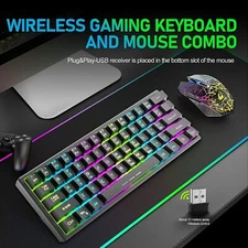 Wireless Gaming Keyboard Mouse Set RGB Rainbow Backlit,Silent Mice Compact 61Key
