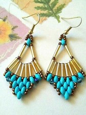 Handmade Gold Aqua Fan Beaded Earrings