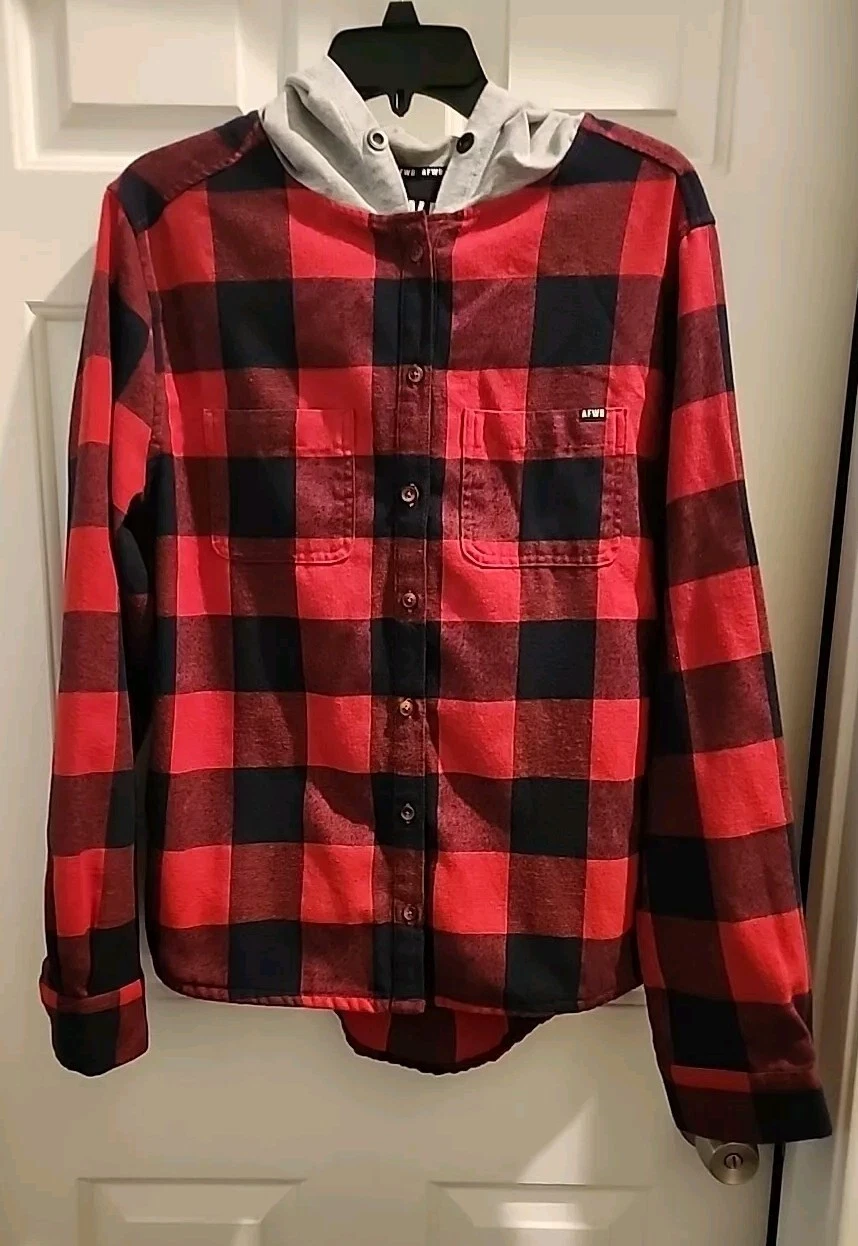 VETEMENTS Felpa con cappuccio AFWD da uomo XL rossa nera a quadri camicia abbottonata manica lunga