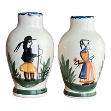 Vntg Pair Quimper Center Man & Woman Mini 3.5" Ceramic Vases France 1960s-1980s