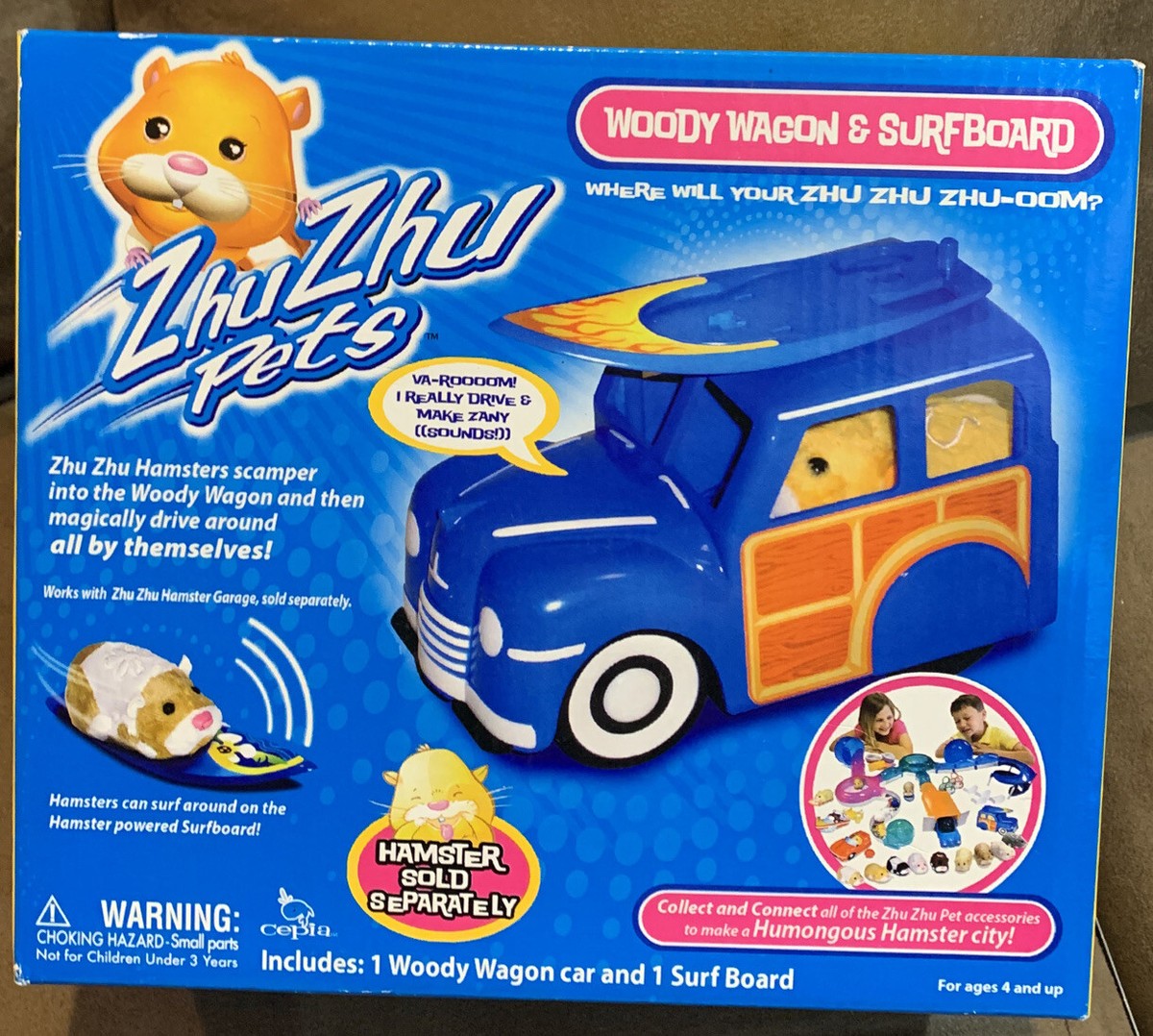 ZHU ZHU PETS WOODY WAGON & SURFBOARD DRIVES/MAKES SOUNDS BLUE AGES