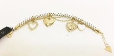 NEW GUESS GOLD TONE,WHITE BRAIDED LEATHERETTE+MULTI HEART CHARM+CRYSTAL BRACELET