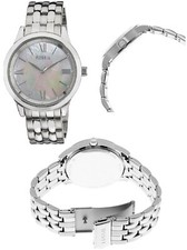 NEW FOSSIL SILVER TONE S/S STEEL AINSLEY RO WHITE MOP DIAL BRACELET WATCH BQ1755