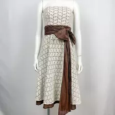 Vintage Y2K BCBG Eyelet Lace Mini Dress Sz 4 Cream Brown Coquette Bow Strapless