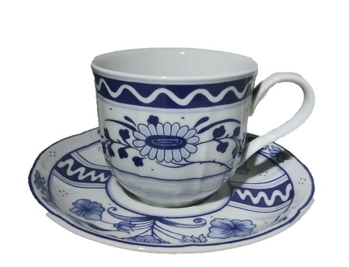 Princeton Studios Cup & Saucer Set White W/ Blue Floral Design 8 FL OZ Tea Cup
