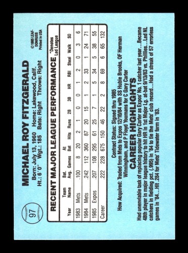 Donruss #97 1986 Mike Fitzgerald Montreal Expos - Imagen 2 de 2