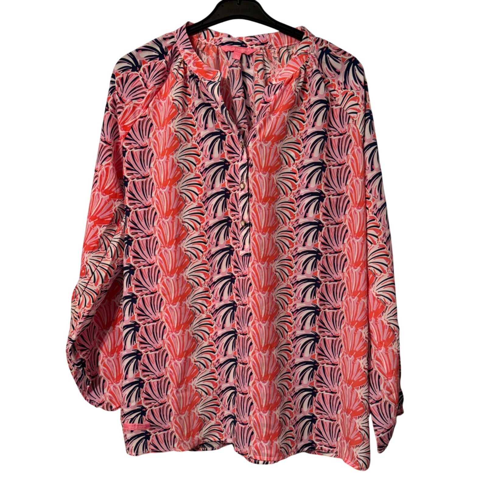 Simply Southern Womens Size XL Blouse Pink/Navy Floral Print Relaxed Fit top