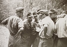 Gruppe Männer Soldaten stehen im Wald und schauen auf Zettel Wehrmacht Foto