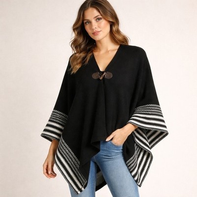 Avenue Poncho Womens One Size Black Wrap Cape Toggle Knit Bear Tooth Toggle Goth