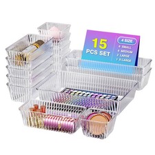 15 PCS Clear Plastic Drawer Organizer Set - 4 Sizes Makeup Organizer Desk Dra...