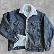 Vintage 80s Levis Denim Jean Jacket Sherpa Lined Black Snap Front Mens M USA