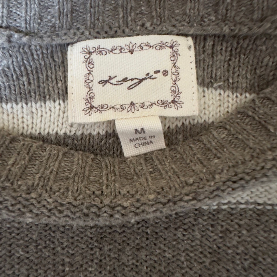 Kenji Crewneck Long Sleeve Sweater Elbow Patches Tan White Stripe Stripe M - Image 3 of 4