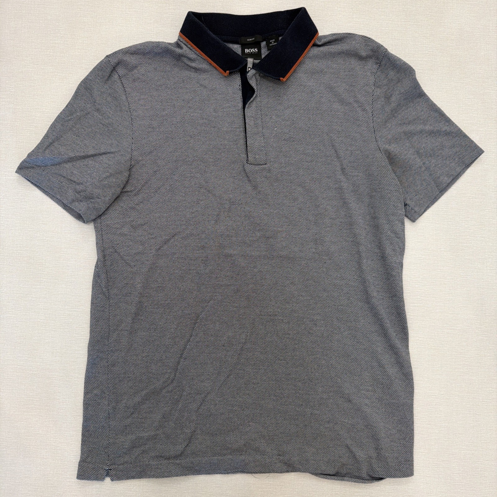 Hugo Boss Shirt Mens L Gray Zip Polo Short Sleeve Polo Orange Navy Trim Casual