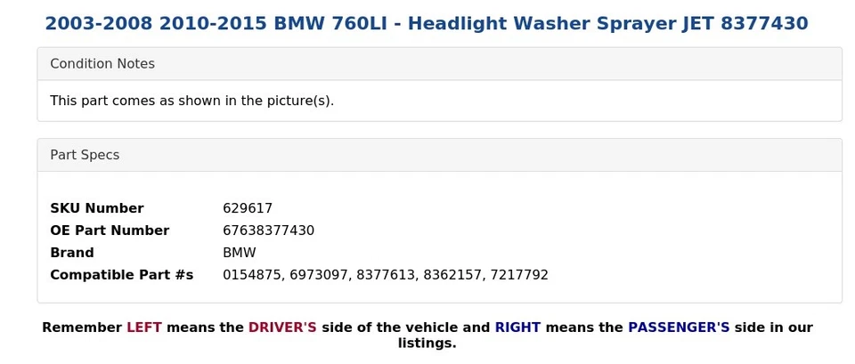 BMW 760LI 2003-2008 2010-2015 - Pulverizador lavadora faros JET 8377430 Foto 3 de 3