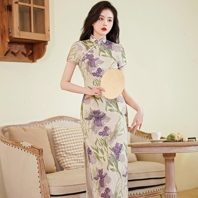Lady Satin Qipao Dress Short Sleeve Chinese Traditional Cheongsam Evening Ethnic