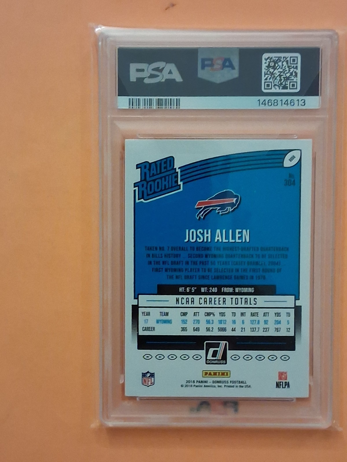 JOSH ALLEN RATED ROOKIE 2018 PANINI DONRUSS PSA 7 CARD #304 view 3