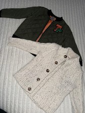 Boys 2T 2pc Outfit Set Green Quilted Zip Jacket & Cream Button Sweater