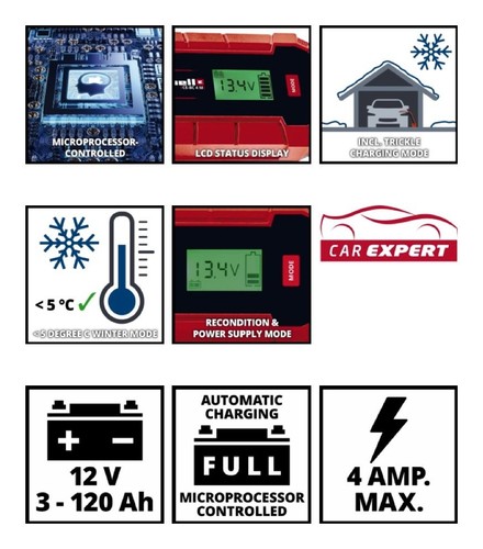 Einhell Caricabatterie automatico auto e moto per Pb WET, AGM 3-120 Ah 12 V Ce - Foto 4 di 4