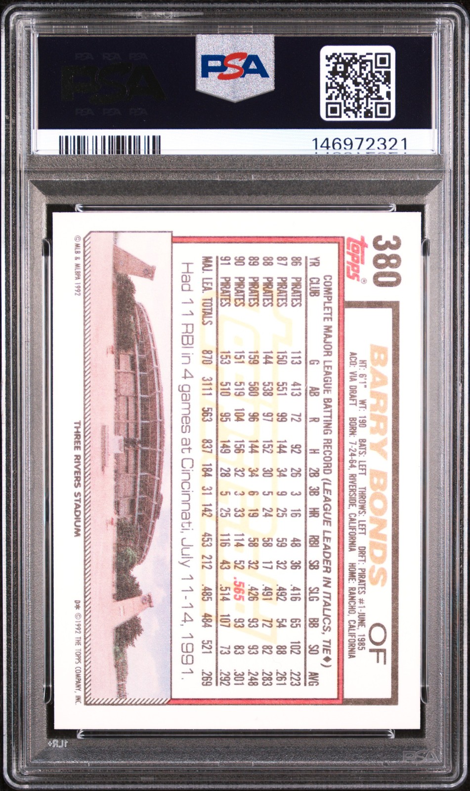 1992 TOPPS GOLD #380 BARRY BONDS PSA 10 view 2