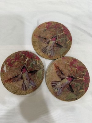 Set of 3 Round Cork Coasters with Multicolor Hummingbird Animal Design