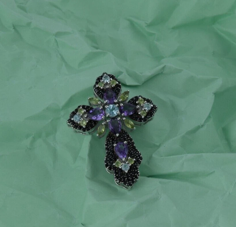 Gioielli con ciondolo CROCE in argento sterling topazio blu ametista nero... - Immagine 4 di 4