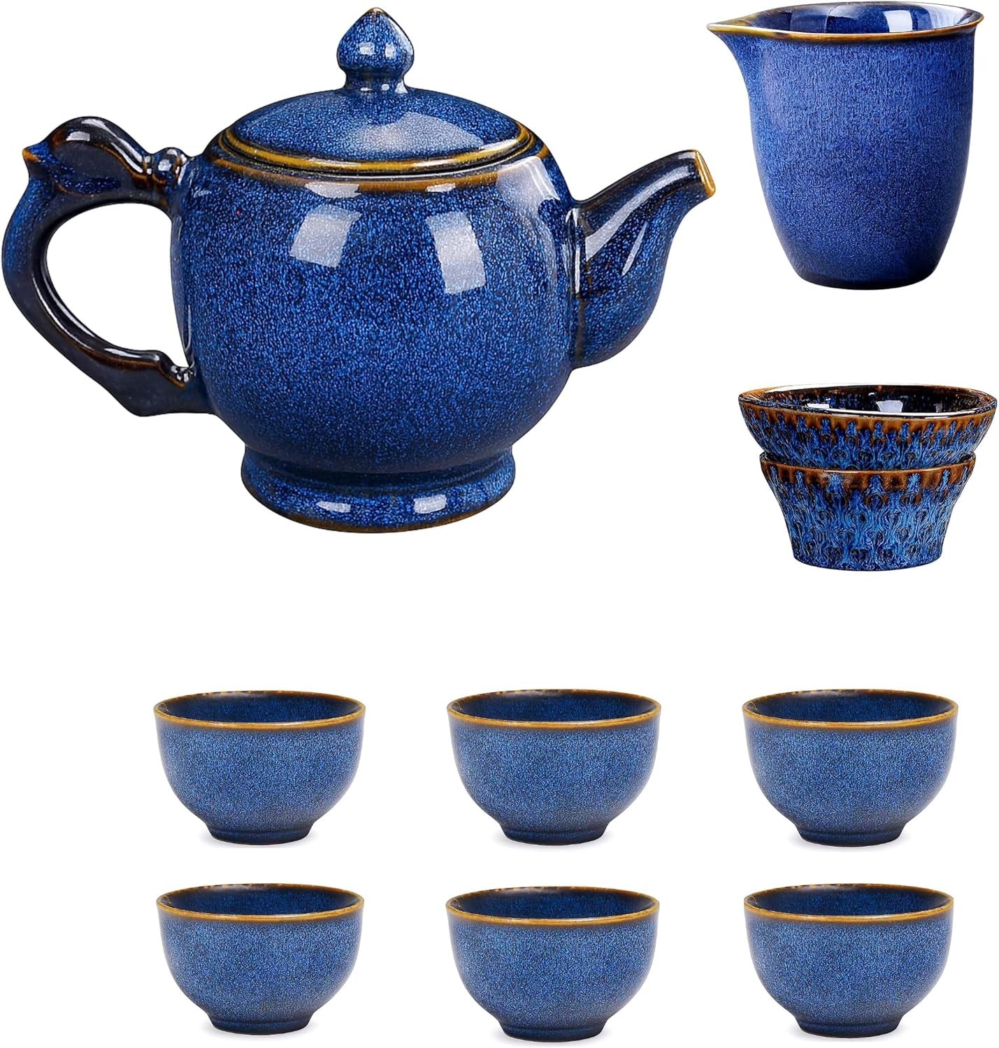 Chinese gongfu tea set porcelain,9-Piece 9 Pieces, Deep Blue With Gold Trim 