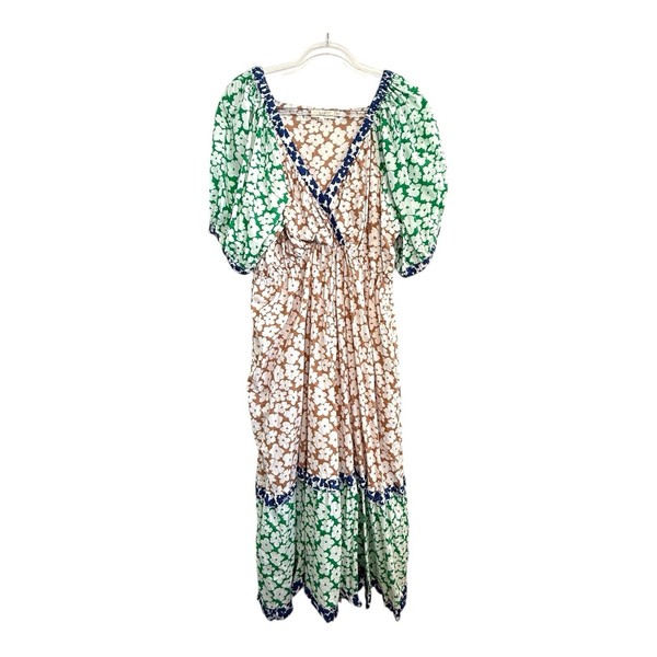 Adrift Size 3XL 20 (16 US) White Green Brown Cotton Tiered Maxi Sun Dress