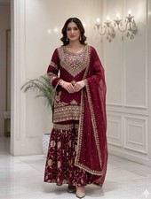 Indian Look Georgette Maroon Top Palazzo With Dupatta For Party Wear