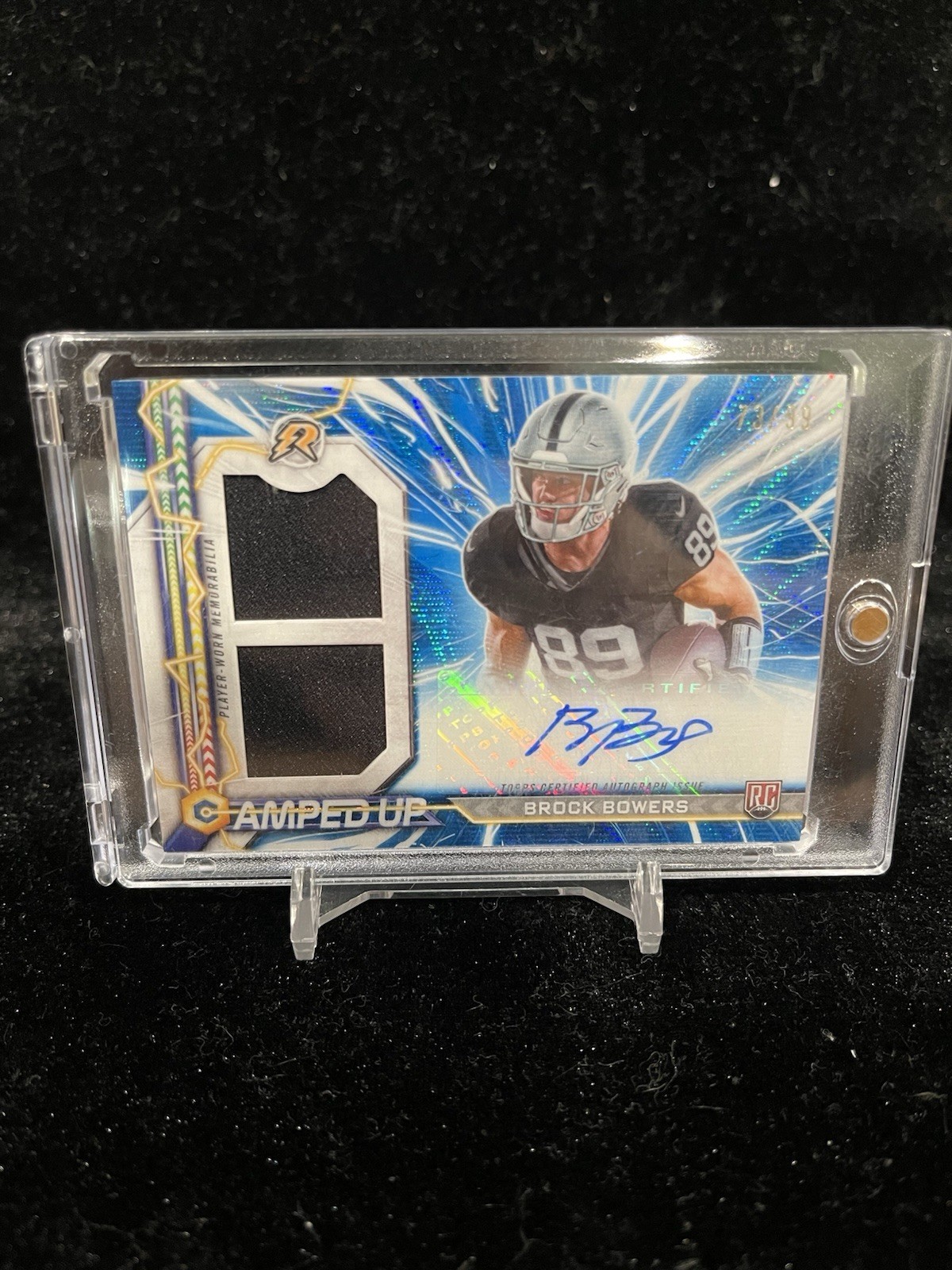 Brock Bowers 2024 Topps Resurgence Amped Up Blue Refractor Auto Dual Patch /99