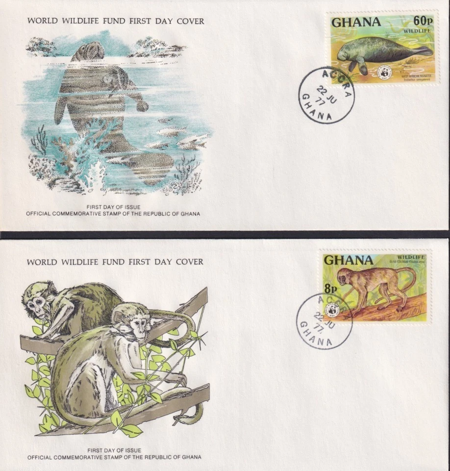 F-EX60811 GHANA WWF 1977 FDC SPECIAL PRINTING WILDLIFE HYENE SQUIRREL MANATEE - Image 2 of 2