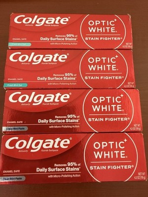 4 Pk Colgate Optic White Stain Fighter Enamel Safe Fresh & Clean Mint Exp 6 2027