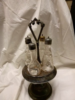 Antique Victorian Style Cruet Vinagar Condiment Server Tray Silver Plate