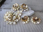 Vintage TRIFARI Rhinestone & Pearl Swirl Clip Earrings Pin Brooch Gold Tone Set