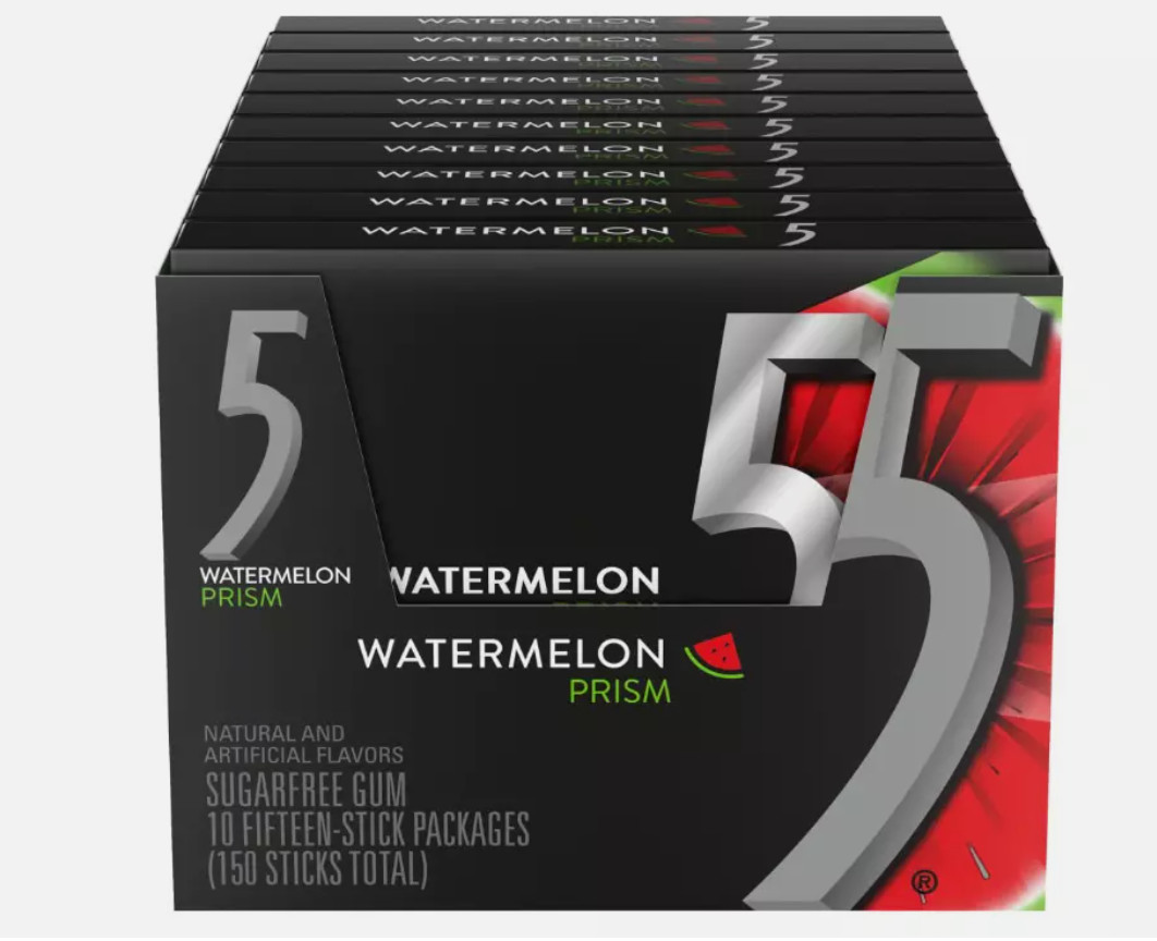 5 Gum Watermelon Prism Sugarfree Gum, 10 Packs Of 15 Count