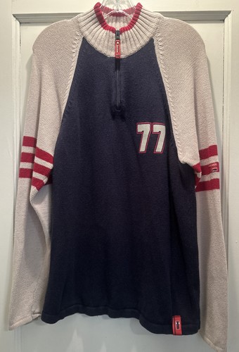 VINTAGE BUGLE BOY SWEATER Sz Large 1/4 ZIP 77 STRIPED SLEEVES RED BLUE & WHITE