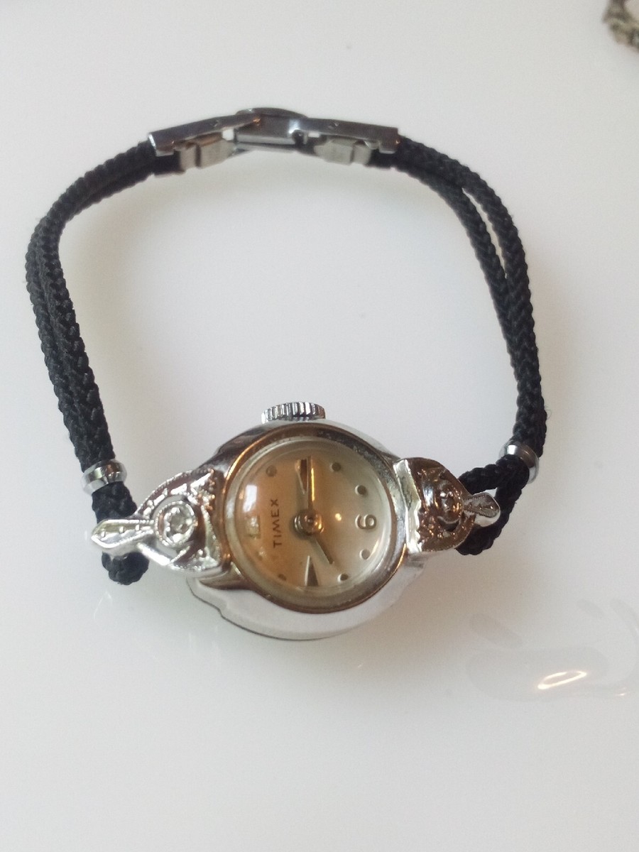 Vintage TIMEX Rhodium Plated Ladies Diamond Wind-Up Watch 