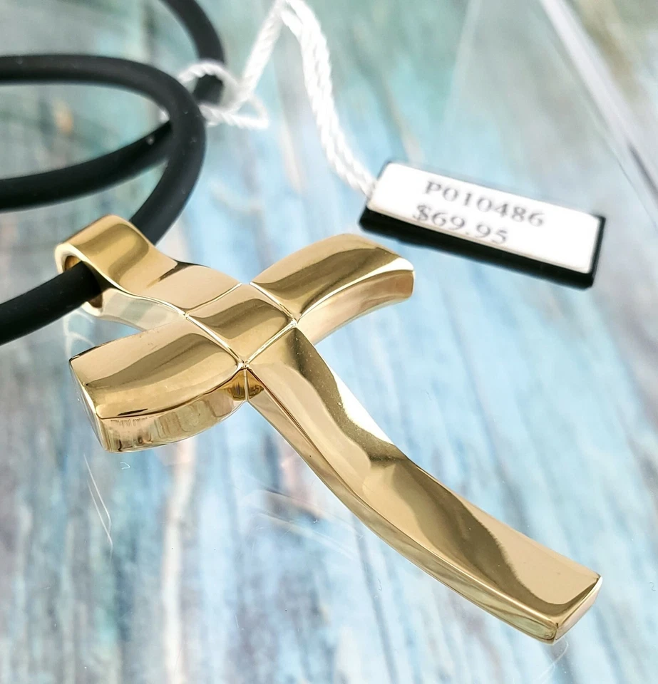 Pingente de cruz modernista de aço inoxidável tom dourado de rochê em colar de 20"" - Imagem 4 de 4