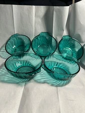 5 JEANETTE PETAL "SWIRL" ULTRA MARINE  LUG (TAB HANDLED) SOUPS  BOTTOM SCRATCHES