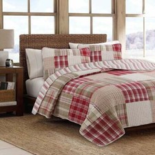 NEW  COZY RED TAN BEIGE PLAID PATCHWORK LODGE LOG CABIN SOFT STRIPE QUILT SET
