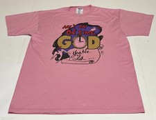 Vtg 90's He&rsquo;s An On Time God Graphic T-Shirt Size L Pink Distressed