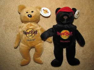 HARD ROCK CAFE 2 BEANIE BEARS- ORLANDO- TAN ISAAC BEARRA & BLK. CHARLIE BEARRA  