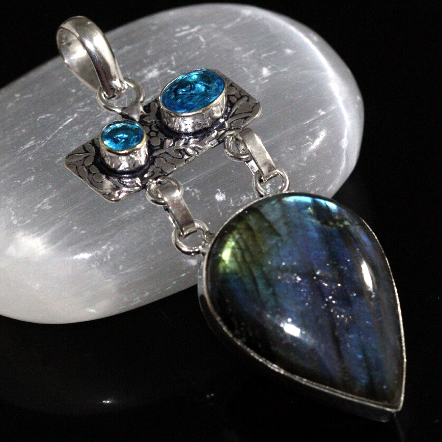 925 Silver Plated Fiery Labradorite Blue Topaz New Design Pendant 2.6